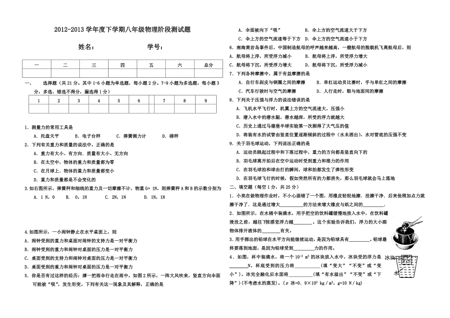 最新人教版物理八年级下学期期中考试题(含答案)_第1页