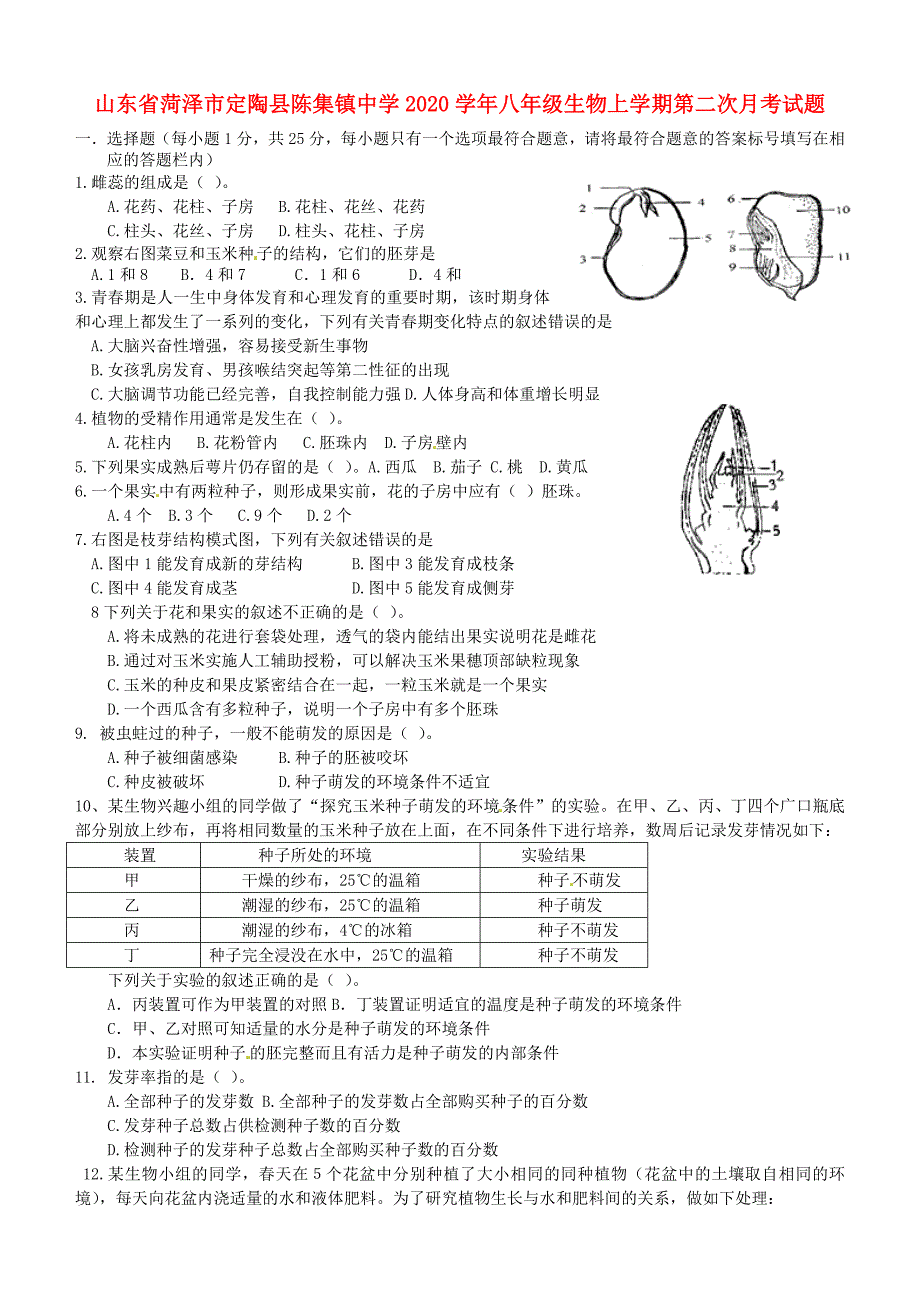 山东省菏泽市定陶县陈集镇中学八年级生物上学期第二次月考试题无答案新人教版_第1页