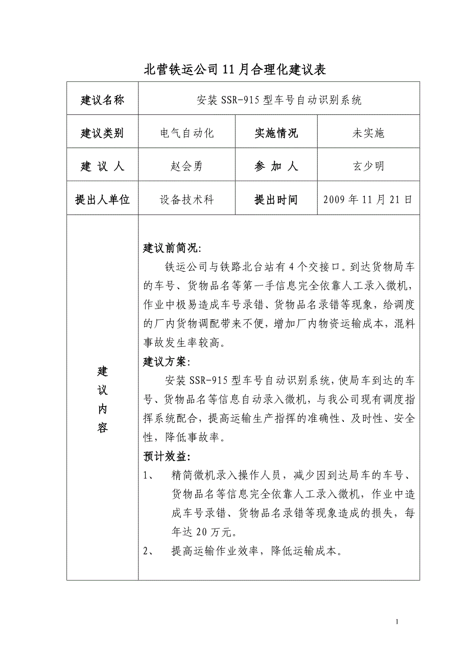 北营铁运公司11月合理化建议表.doc_第1页