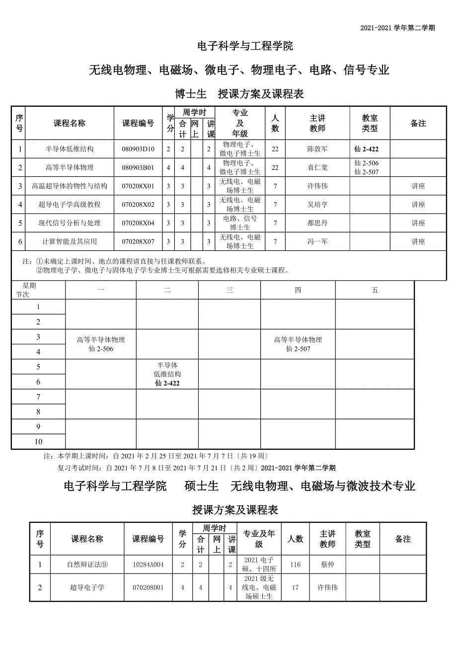 南京大学电子科学与工程学院研究生一年级学术第二学期课表_第1页