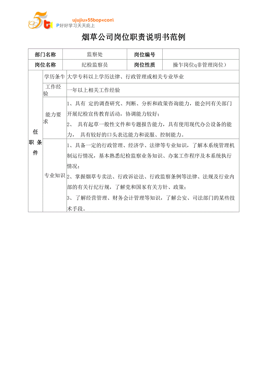 烟草公司纪检监察员岗位职责说明书_第1页