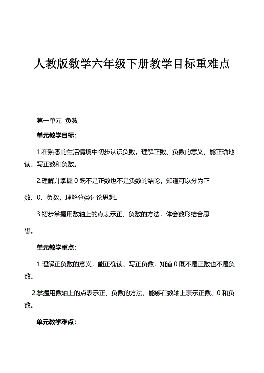 人教版数学六年级下册教学目标重难点_第1页