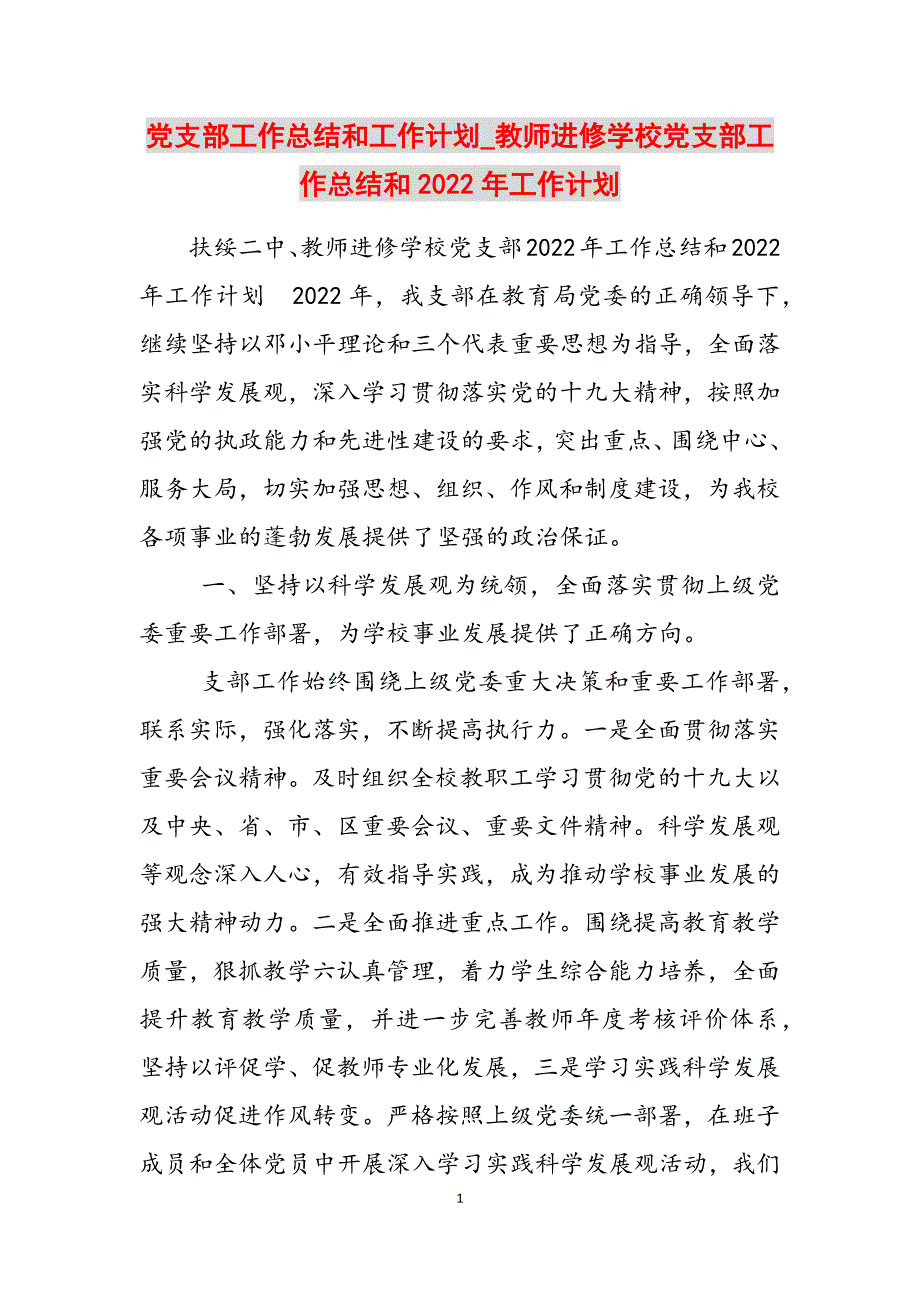 2023年党支部工作总结和工作计划教师进修学校党支部工作总结和工作计划.docx_第1页