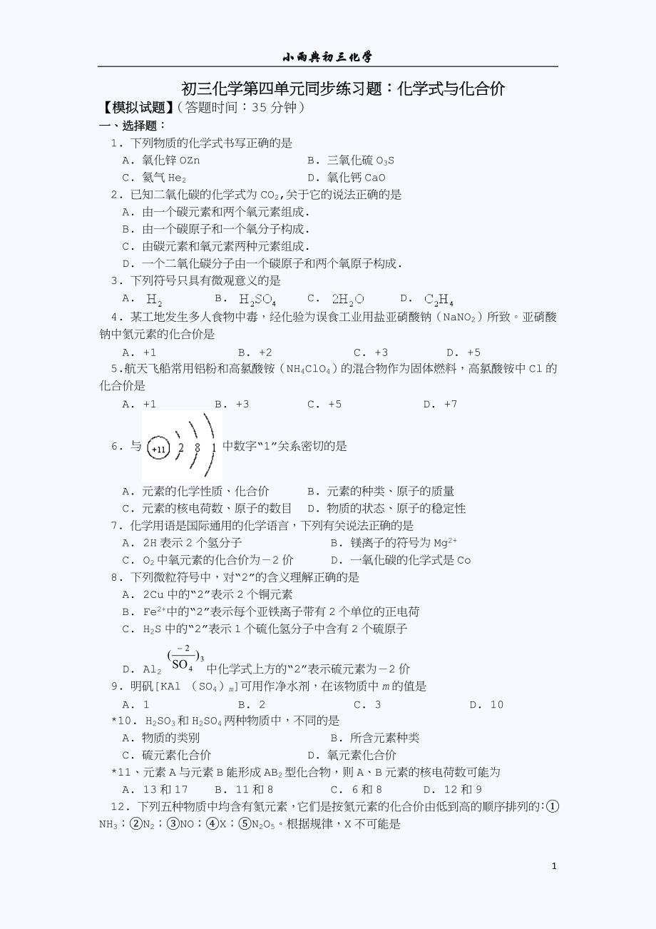 初三化学化学式与化合价练习题(含答案).doc_第1页