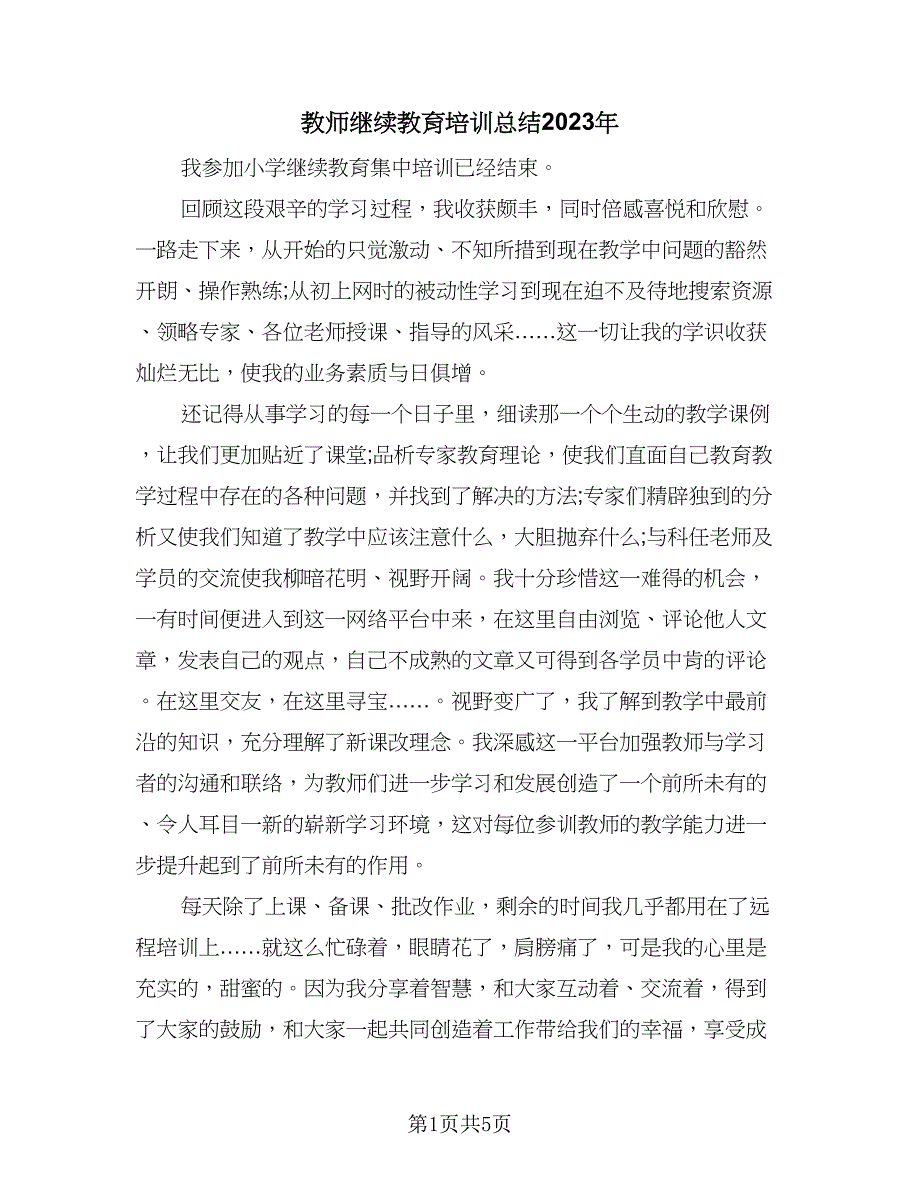 教师继续教育培训总结2023年（三篇）_第1页