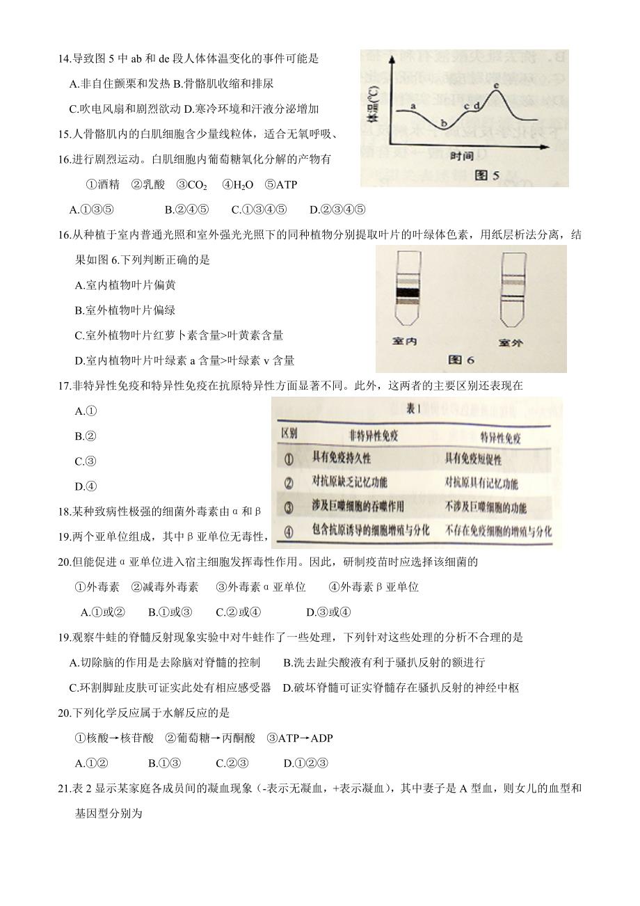 2016年上海高考生物生命科学真题及答案(完整版)_第3页