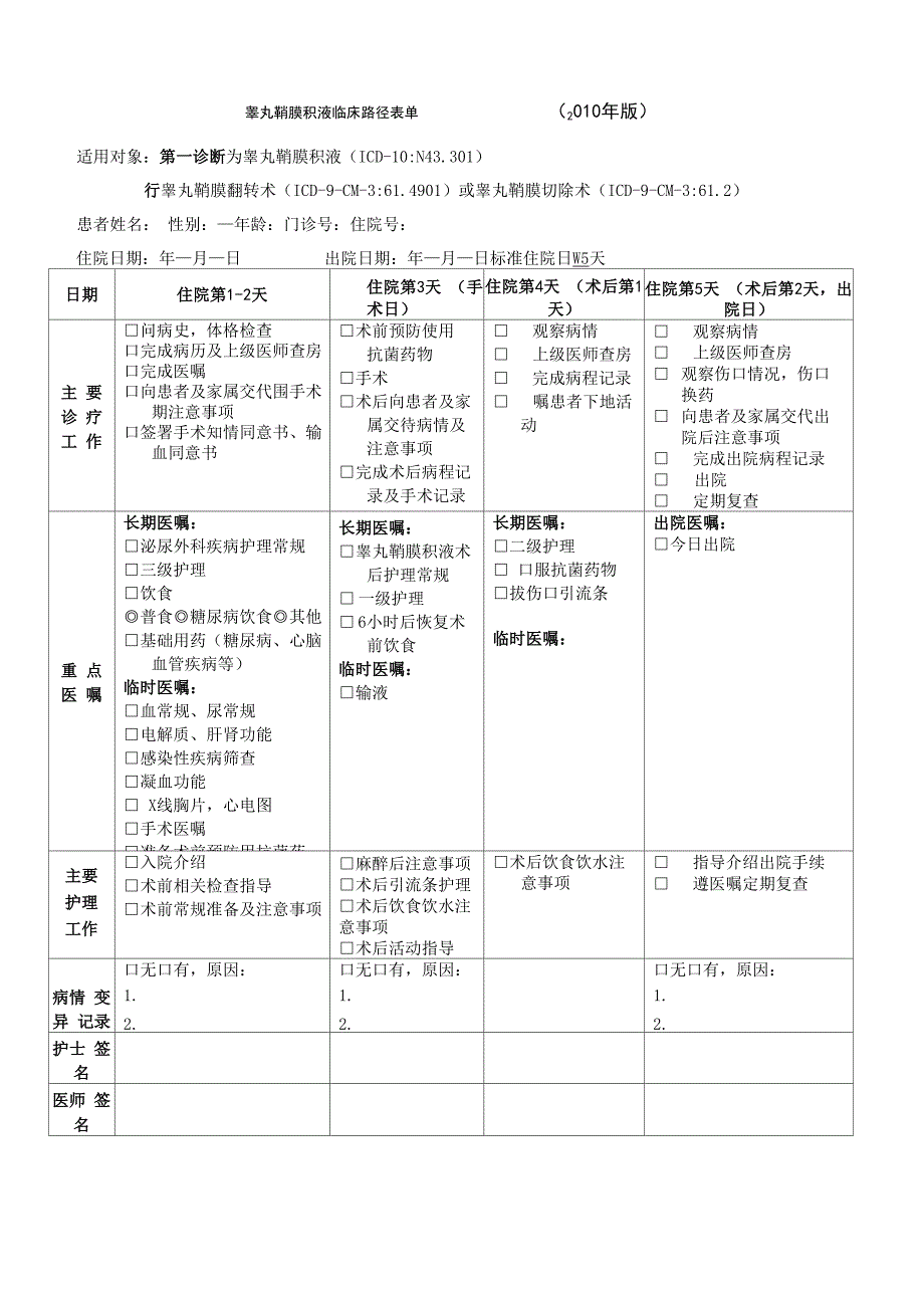 睾丸鞘膜积液临床路径表单_第1页