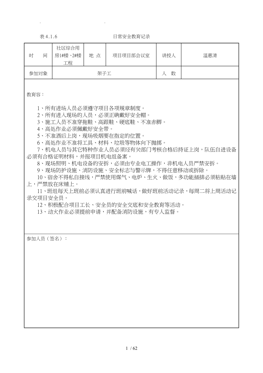 建筑工地安全资料日常安全教育记录检查_第1页