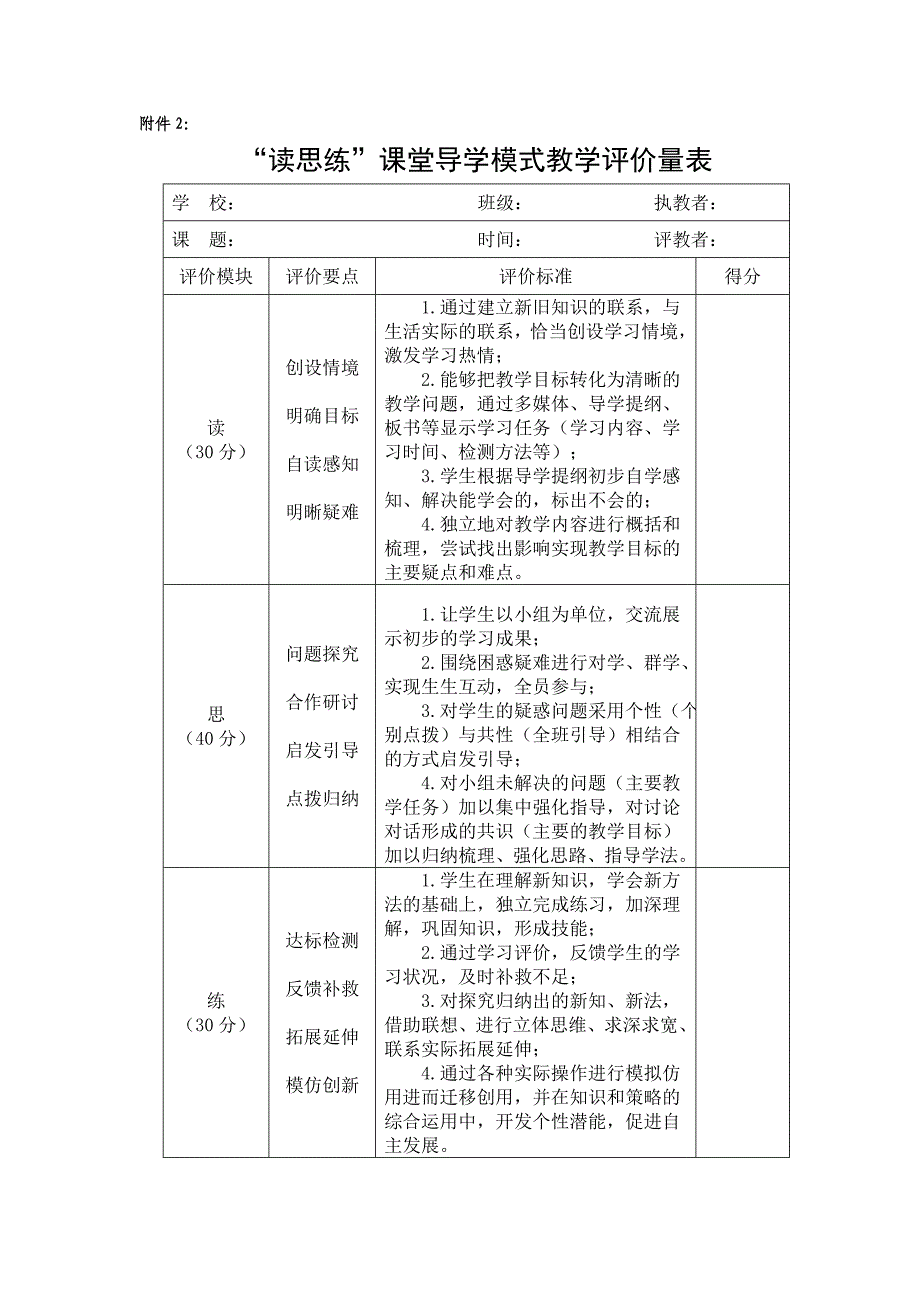 “读思练”课堂导学模式教学评价量表_第1页