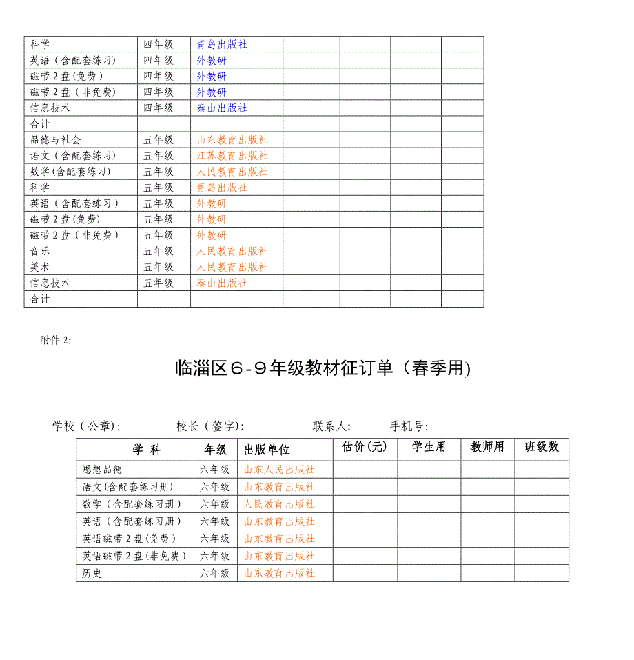 临淄区1-5年级教材征订单(春季用)_第2页