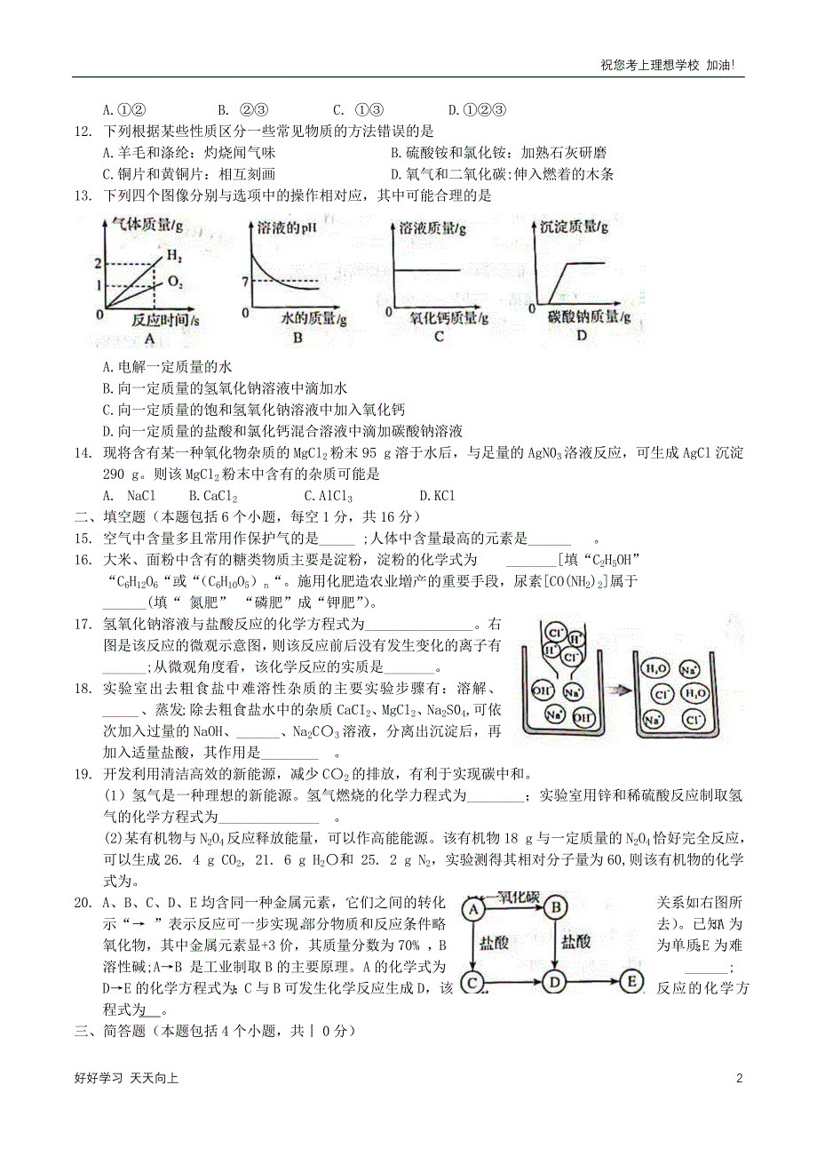 2021年河南濮阳中考化学真题及答案_第2页