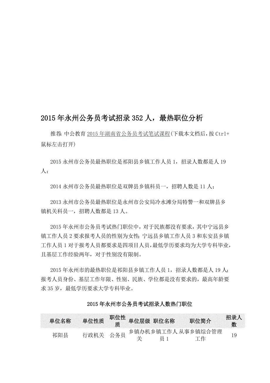 2015年永州公务员考试招录352人-最热职位分析.doc_第1页