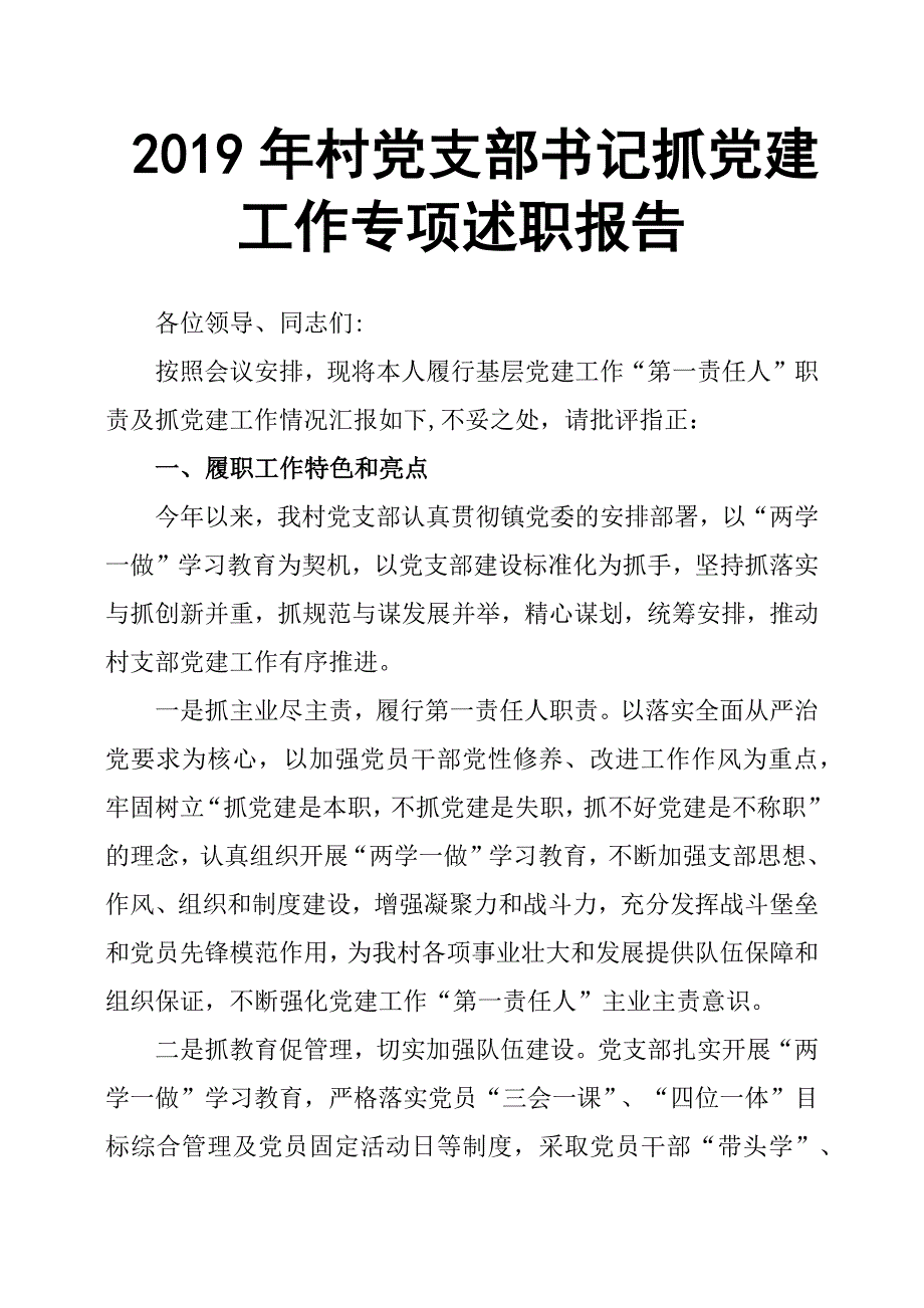 2019年村党支部书记抓党建工作专项述职报告_第1页