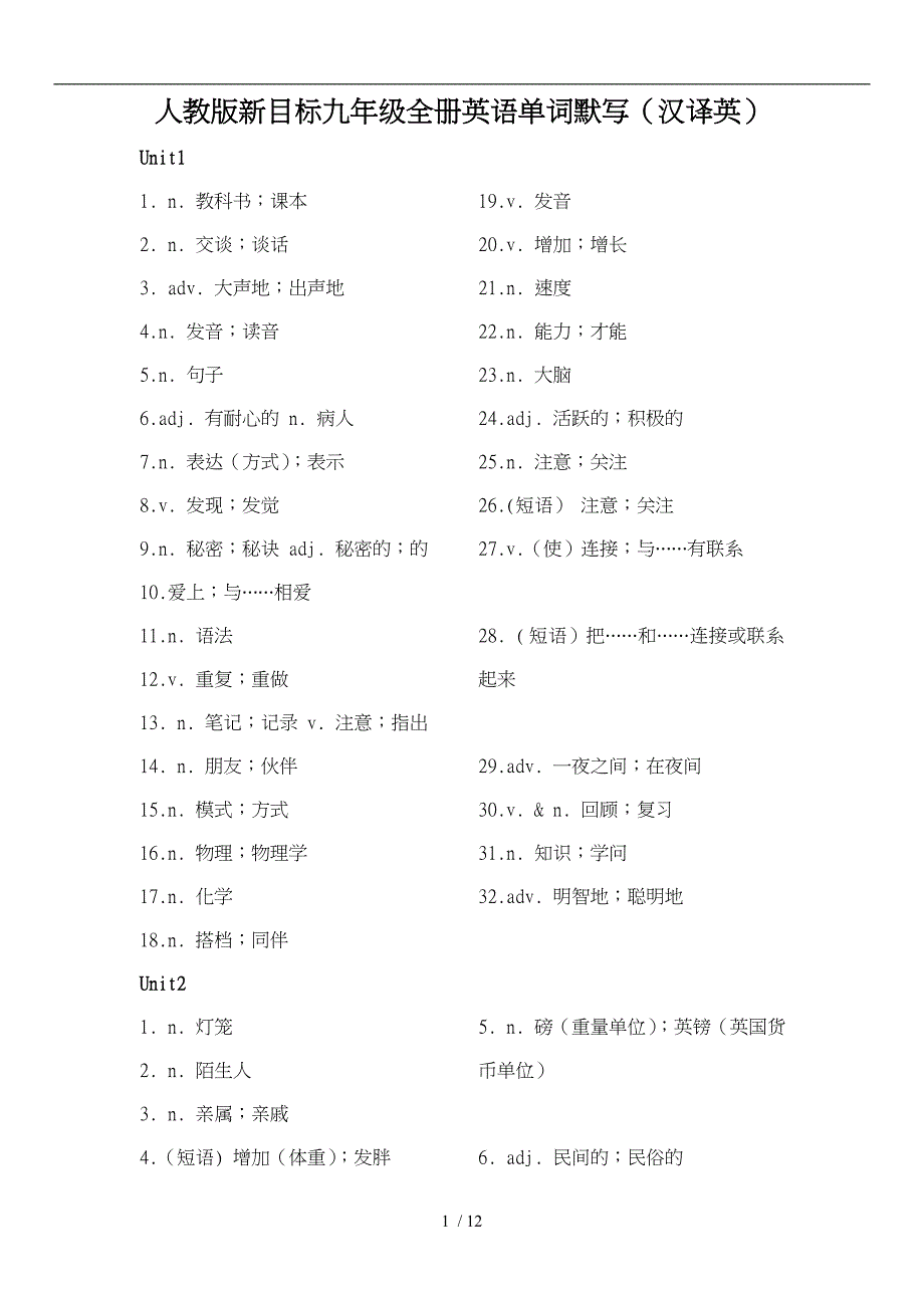 人教版新目标九年级（全册）英语单词默写汉译英_第1页