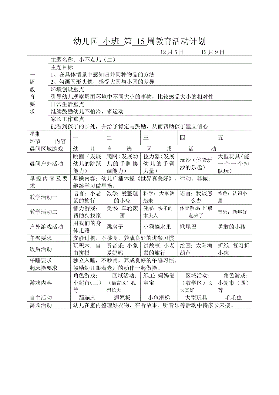 幼儿园小班第15周教育活动计划_第1页