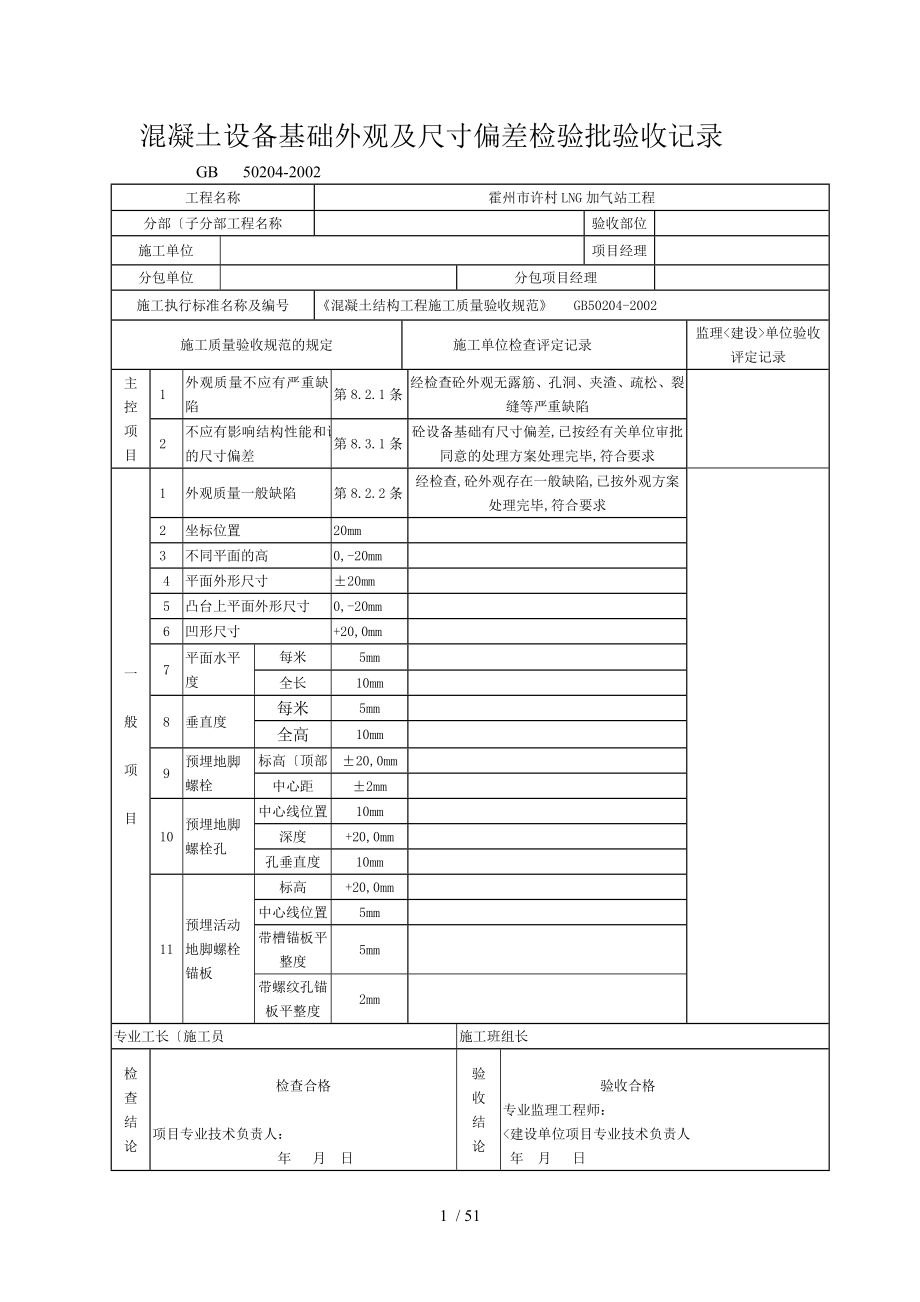 混凝土基础外观和尺寸检验批_第1页