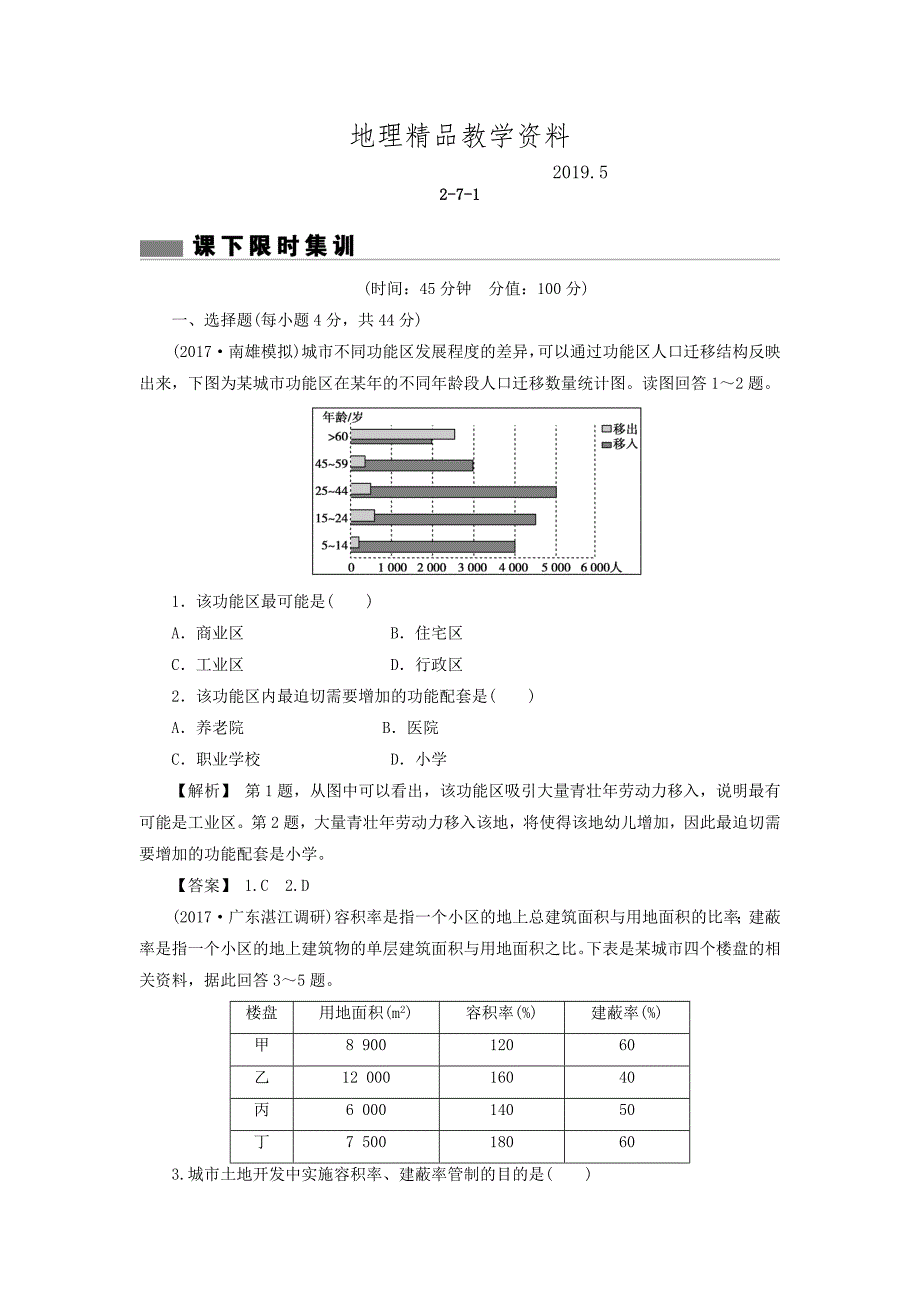 精品高考地理总复习人教版课下限时集训：第七章 城市与城市化 271 Word版含答案_第1页