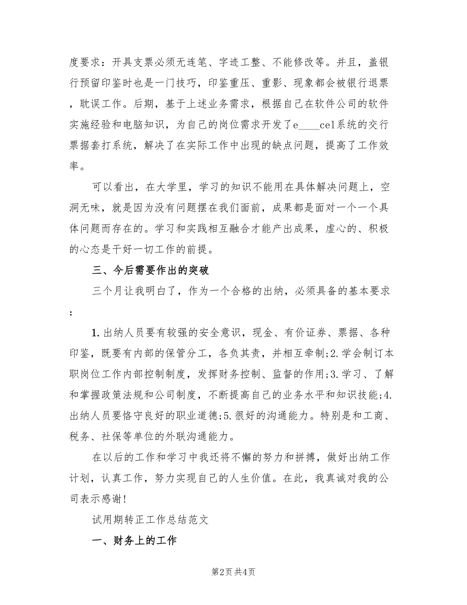 财务出纳试用期转正工作总结_第2页