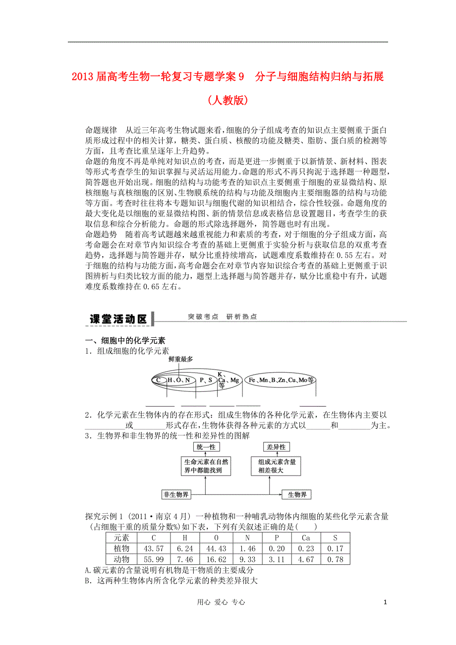 高考生物一轮复习9分子与细胞结构归纳与拓展新人教版_第1页