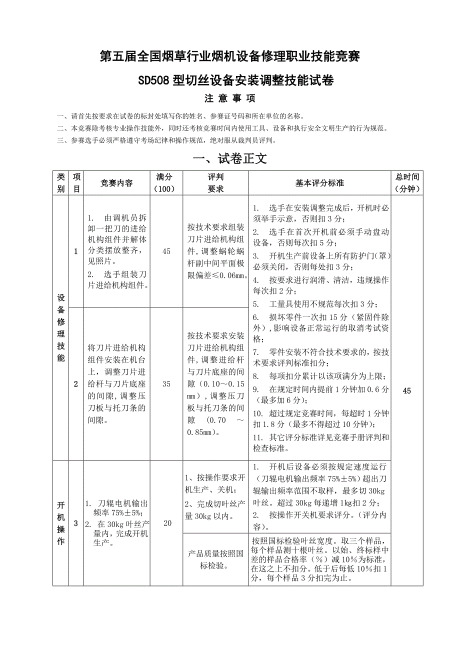 第五届全国烟草行业烟机设备修理职业技能竞赛SD508型切丝设备安装调整技能试卷.doc_第1页