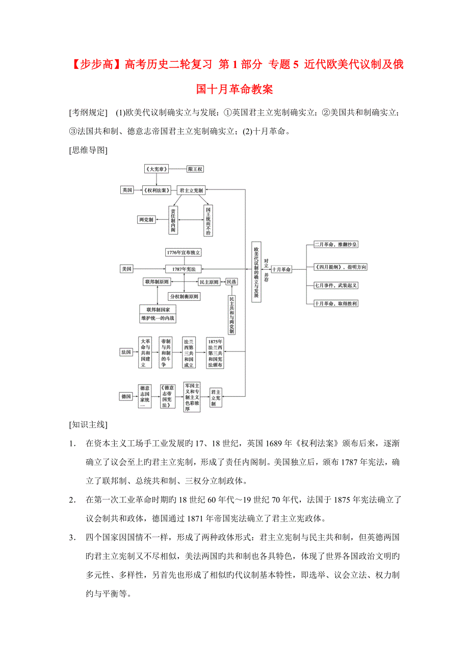 步步高高考历史二轮复习第部分专题近代欧美代议制及俄国十月革命教案_第1页