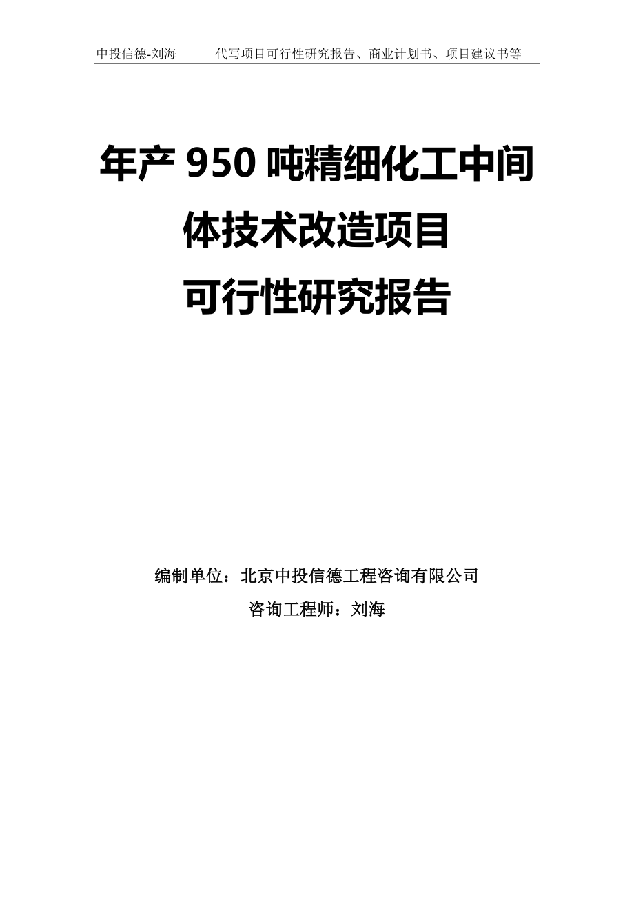 年产950吨精细化工中间体技术改造项目可行性研究报告模板-拿地申请立项_第1页