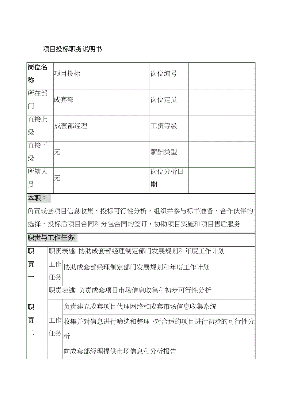 宁波华能贸易公司成套部项目投标职务说明书_第1页