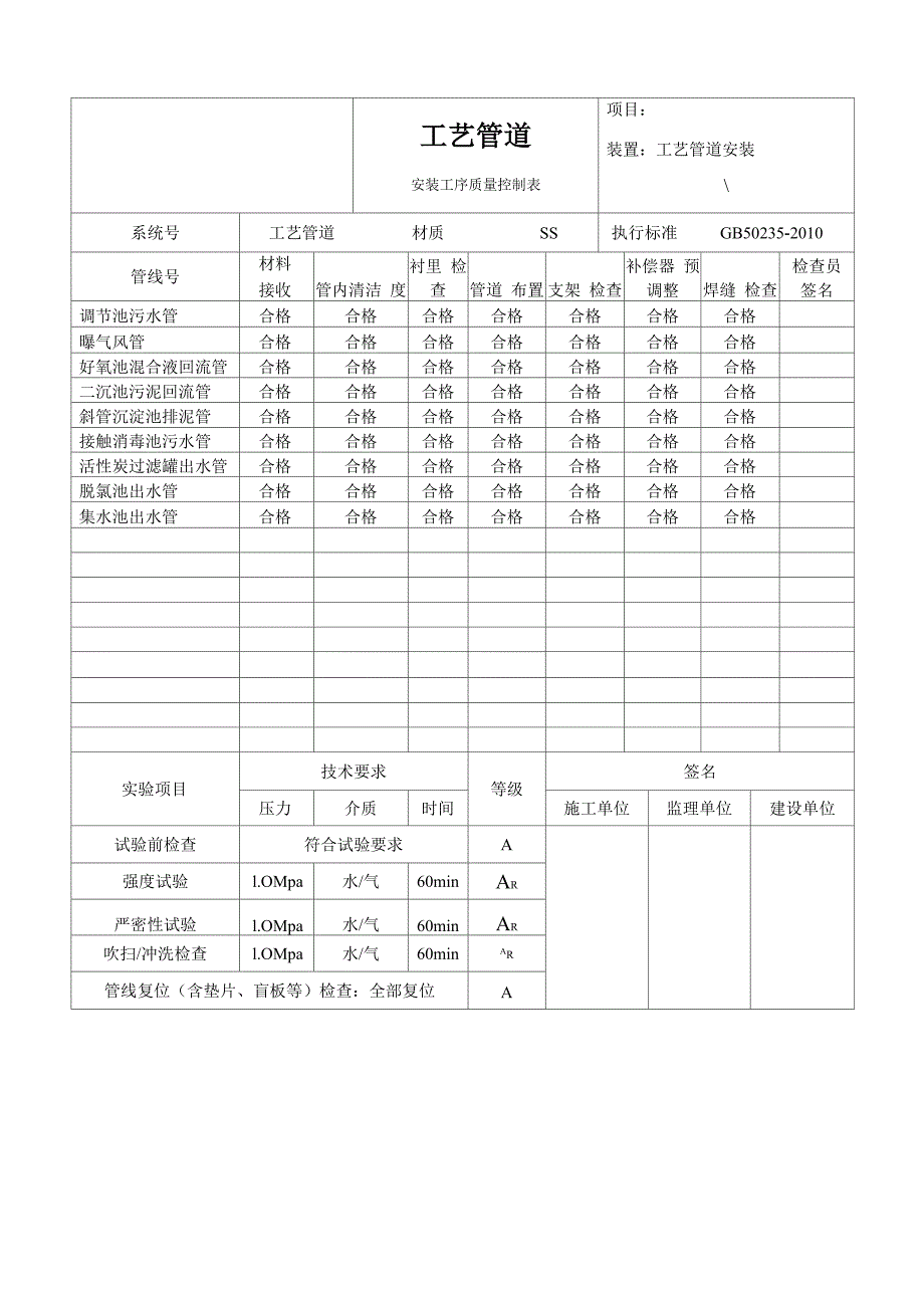 管道压力试验、焊接、工序质量、吹扫记录_第1页