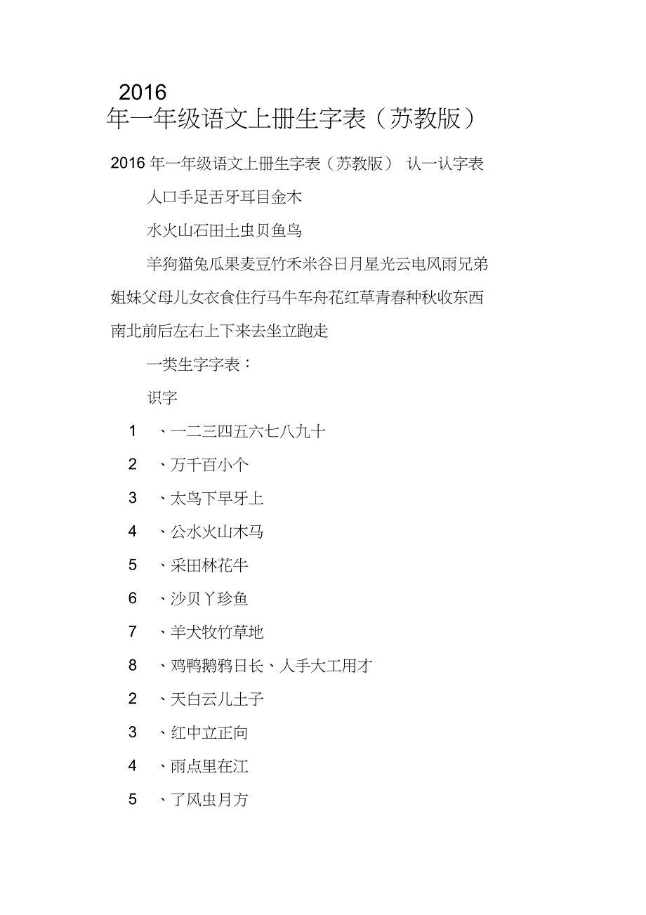 2016年一年级语文上册生字表苏教版_第1页