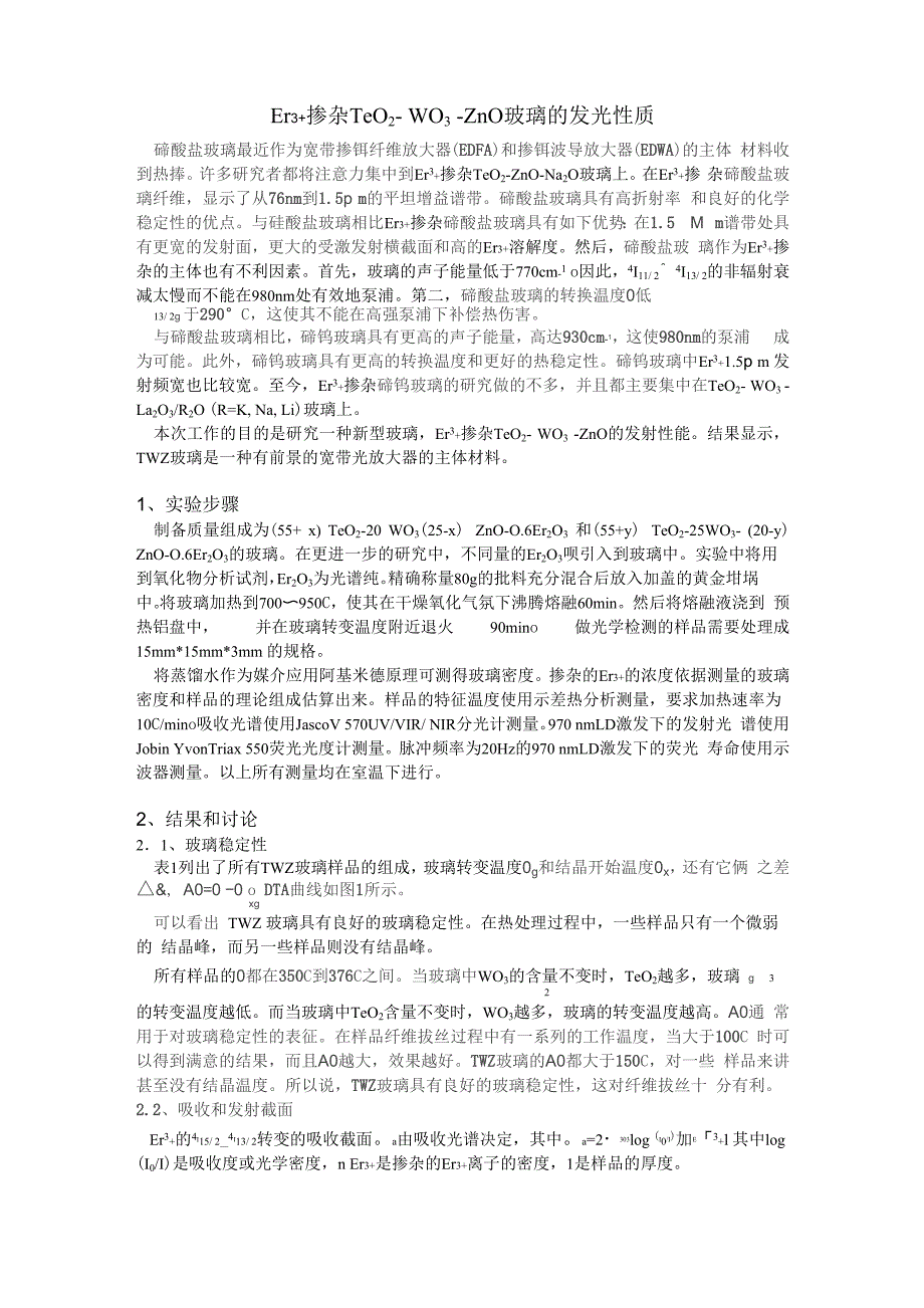 Er3+掺杂TeO2- WO3 ZnO玻璃的发光性质_第1页
