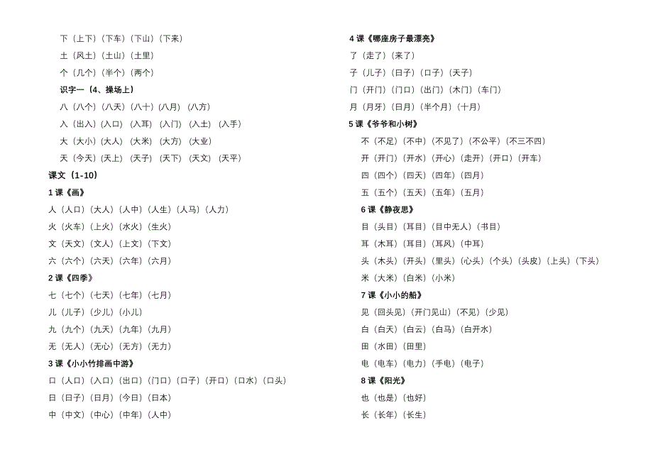 一年级语文上册表一认读词_第4页