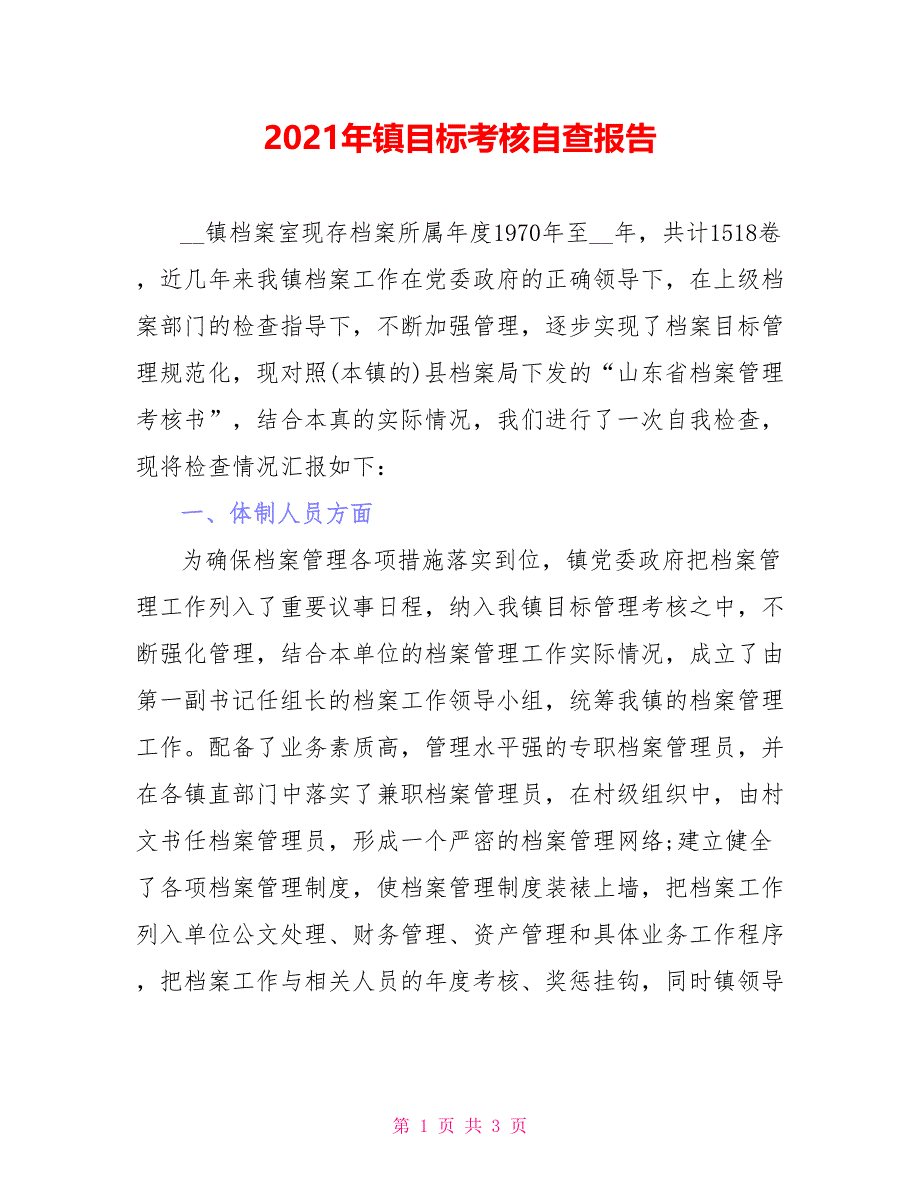 2021年镇目标考核自查报告_第1页