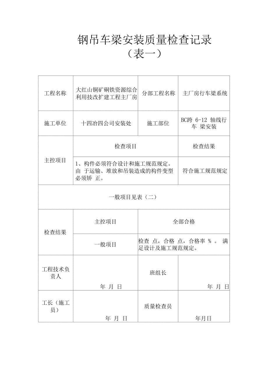 钢吊车梁安装质量检查记录—表一_第5页