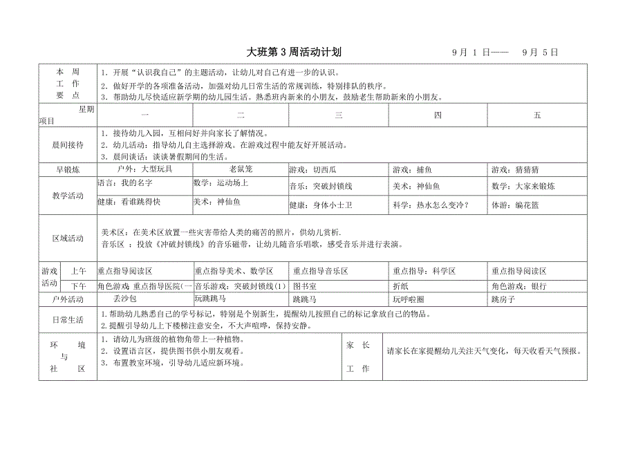 幼儿园大班周计划表夏季.doc_第1页