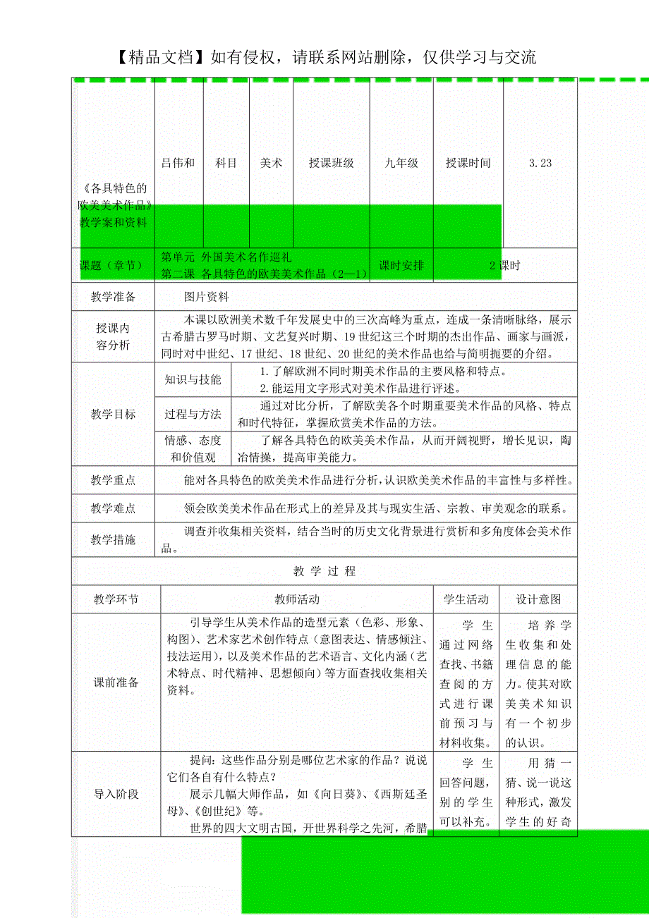 《各具特色的欧美美术作品》教学案和资料_第1页