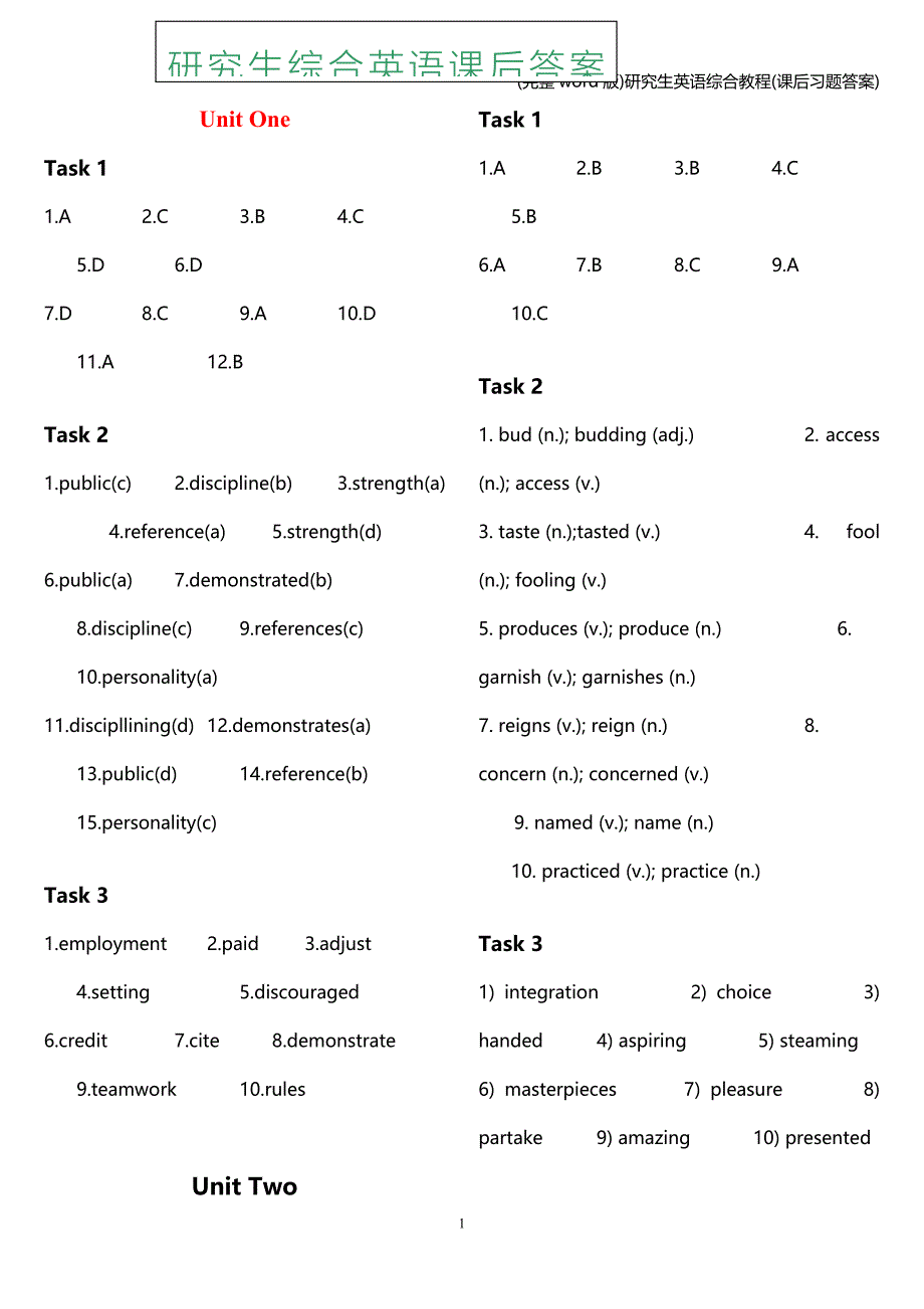 (完整word版)研究生英语综合教程(课后习题答案).doc_第1页