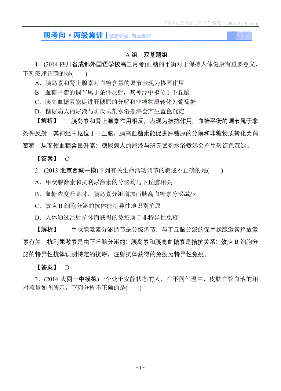 2015高考生物大一轮复习配套精题细做：激素的调节及与神经调节的关系（双基题组+高考题组含解析）.doc_第1页