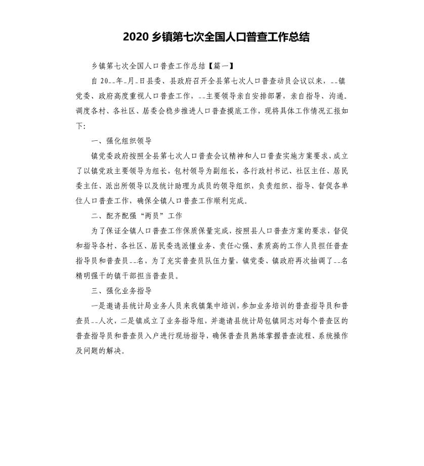 2020乡镇第七次全国人口普查工作总结