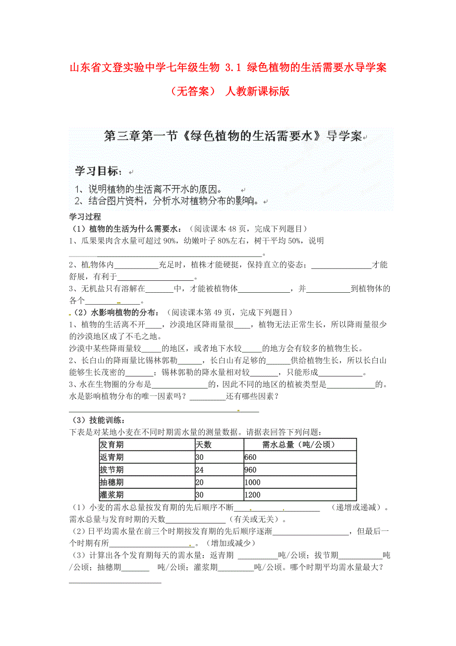 精选类山东省文登实验中学七年级生物3.1绿色植物的生活需要水导学案无答案人教新课标版_第1页