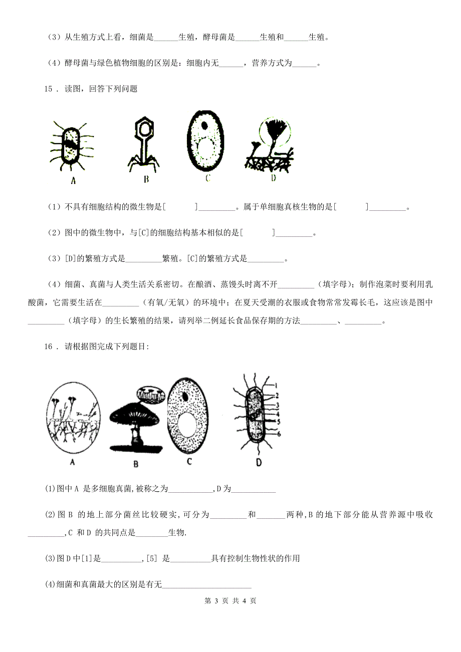 山西省2020版八年级上册生物 5.4.3真菌 同步测试题（II）卷_第3页