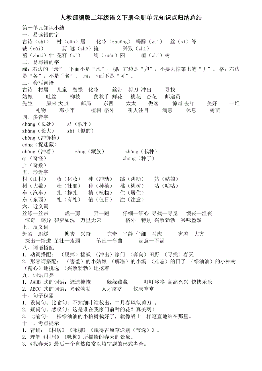 2019人教部编版二年级语文下册全册单元知识点归纳总结_第1页