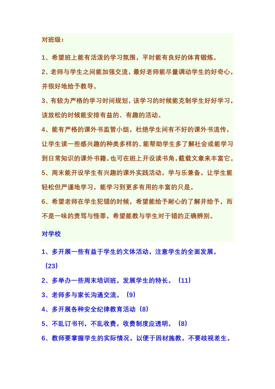 家长对学校和班级的意见.doc_第1页