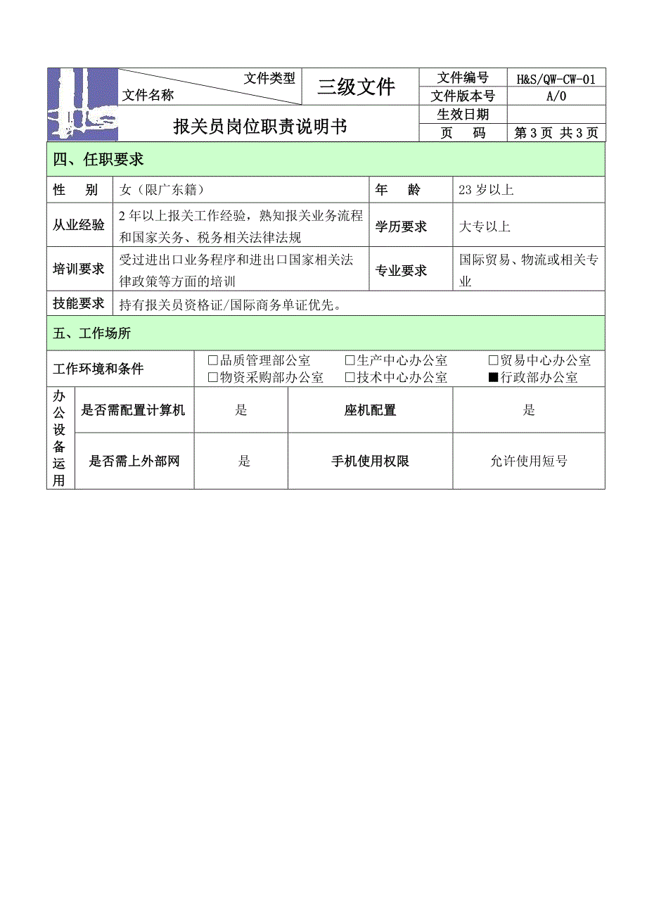 报关员岗位职责说明书_第4页