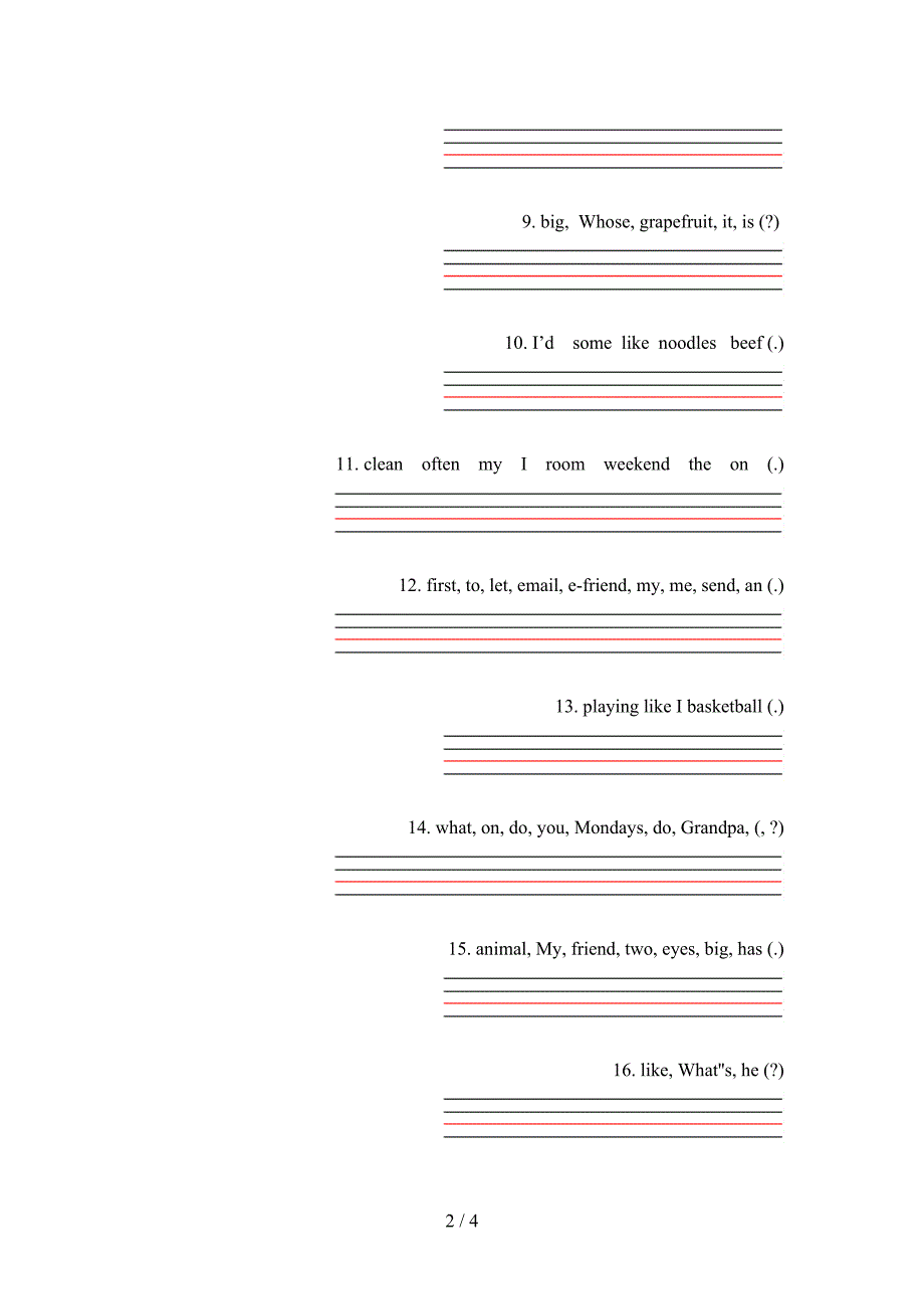 北师大版五年级下学期英语连词成句专项提升练习_第2页