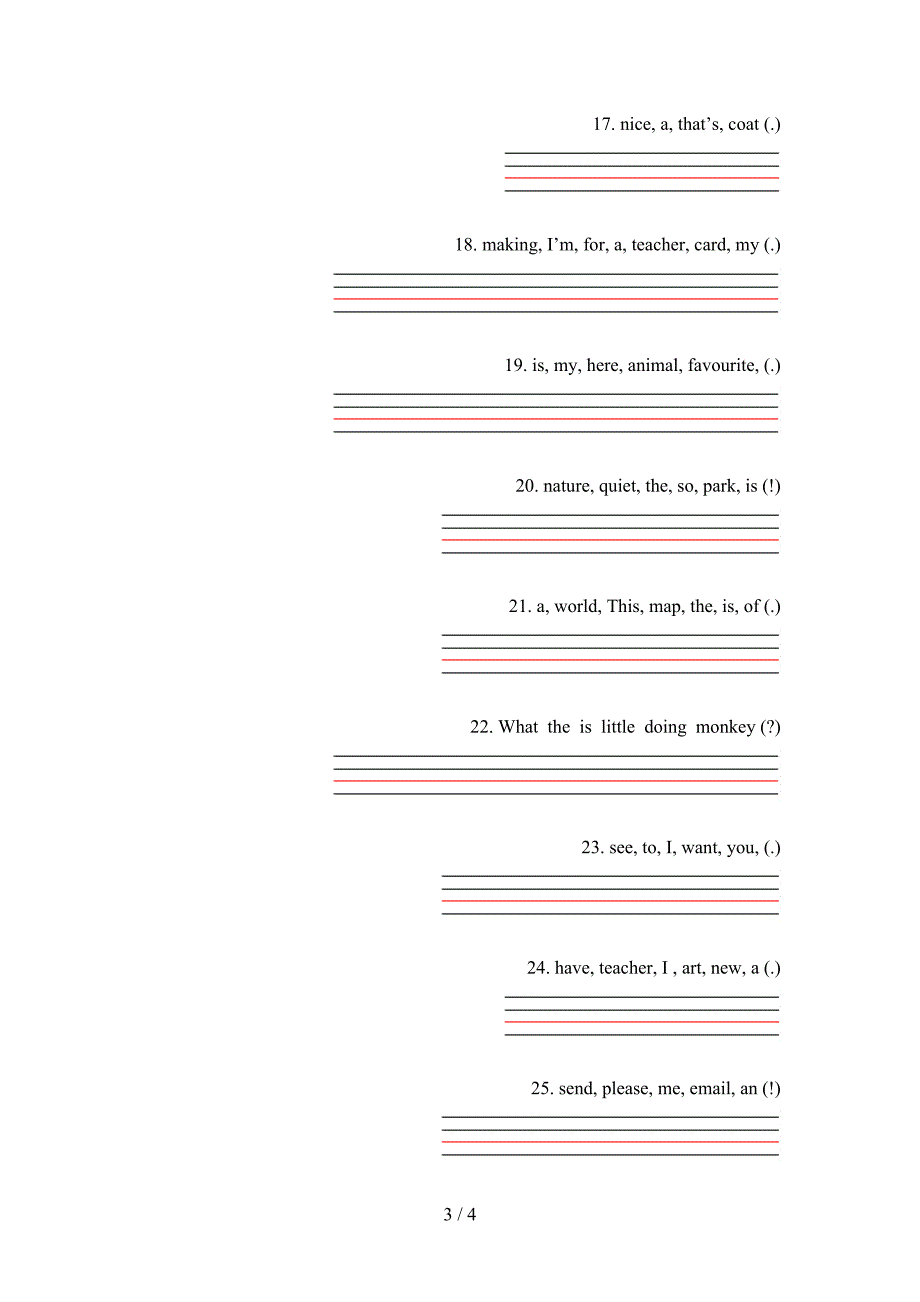 北师大版五年级下学期英语连词成句专项提升练习_第3页