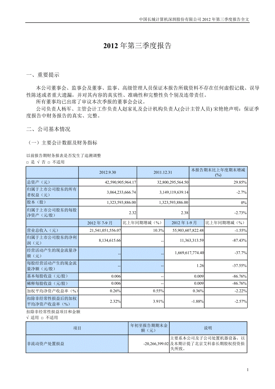 长城电脑：第三季度报告全文_第1页