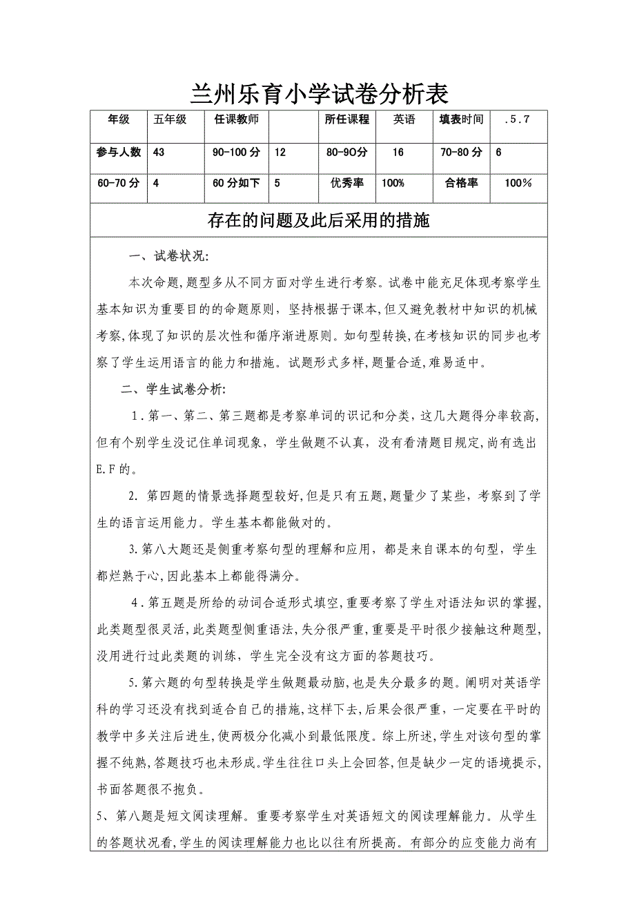 五年级英语下册试卷分析表_第1页