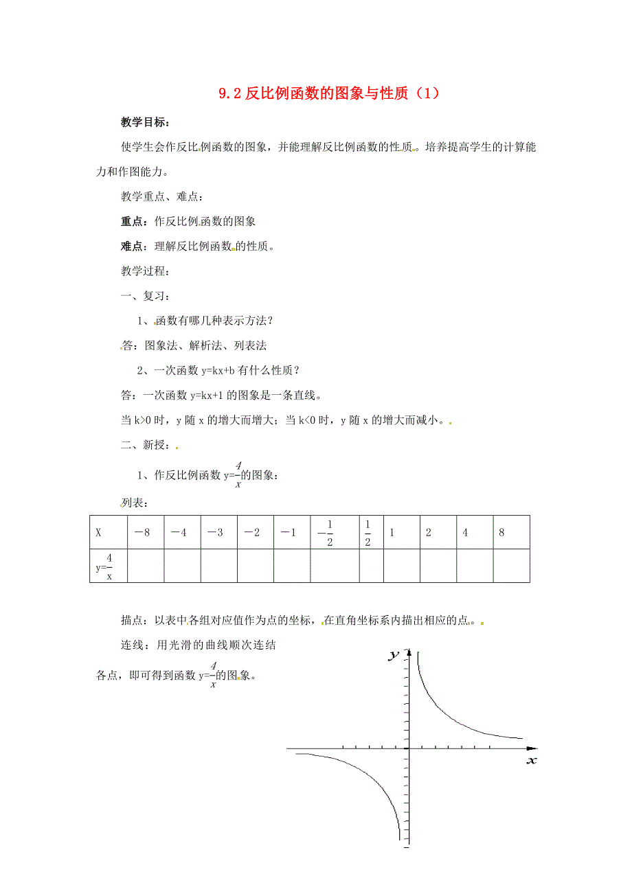 八年级数学下册9.2反比例函数的图象与性质1教案苏科版_第1页