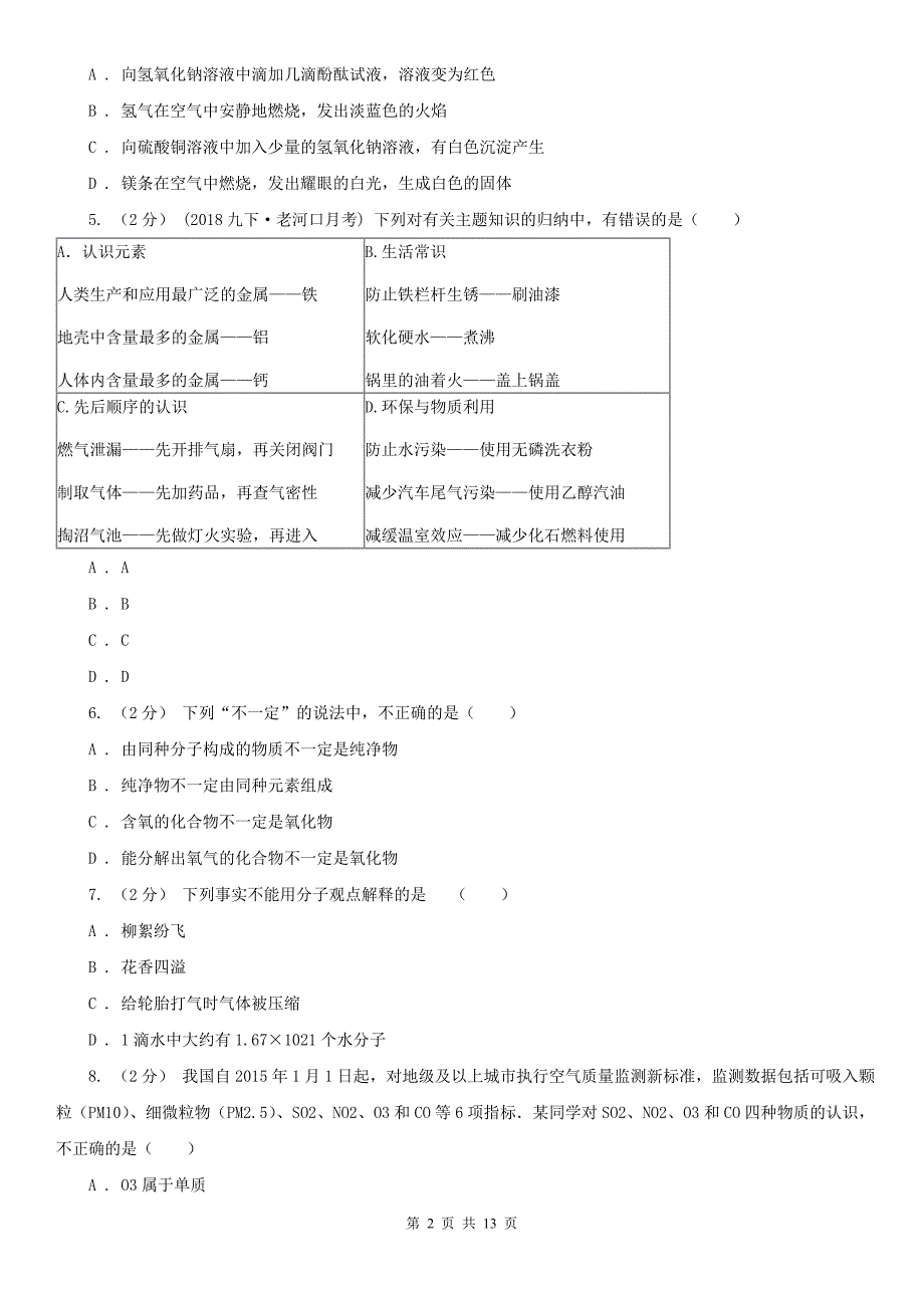 临汾市九年级上学期化学第一次月考试卷_第2页