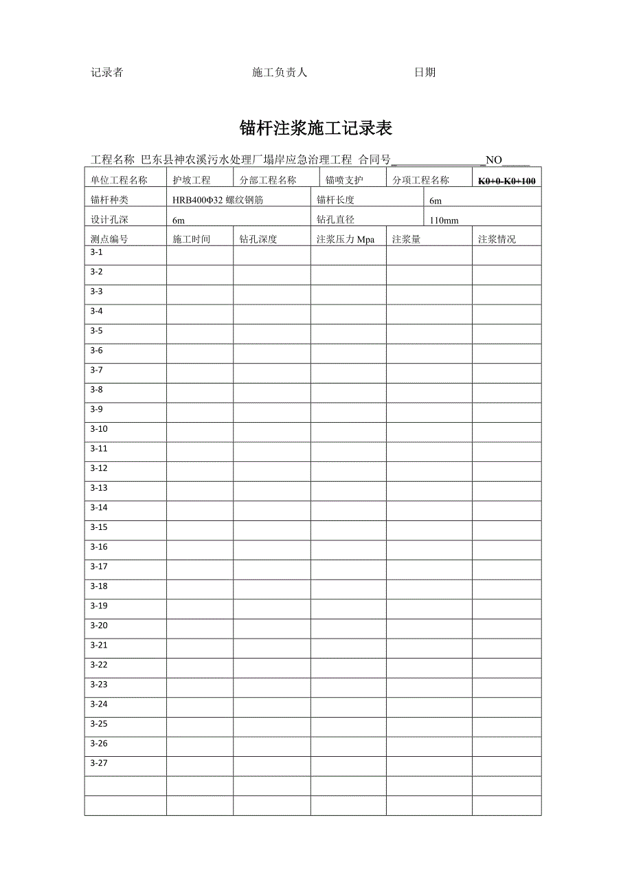 污水处理厂塌岸应急治理工程锚杆注浆记录表_第3页